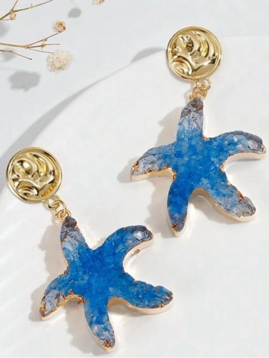 Jewelry - “Blue Druzy Starfish” Gold Dipped Geode Ocean Sea Marine Tropical Steel Earrings